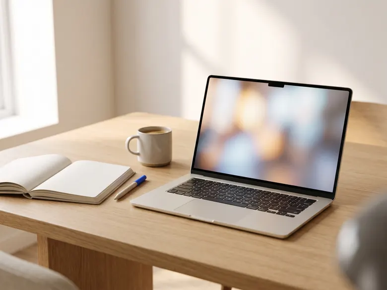 Notebook numa mesa durante uma reunião por vídeo, com caderno e café
